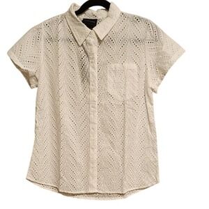 LIV LOS ANGELES White Eyelet Chevron Short‎ Sleeve Button Up Shirt Womens Size S